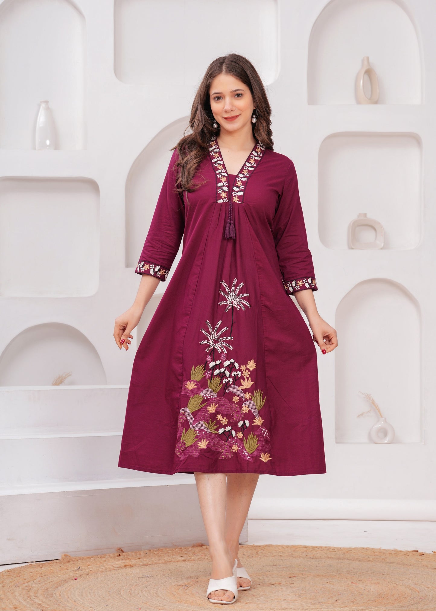 Elegant Maroon Embroidered A-Line Kurta
