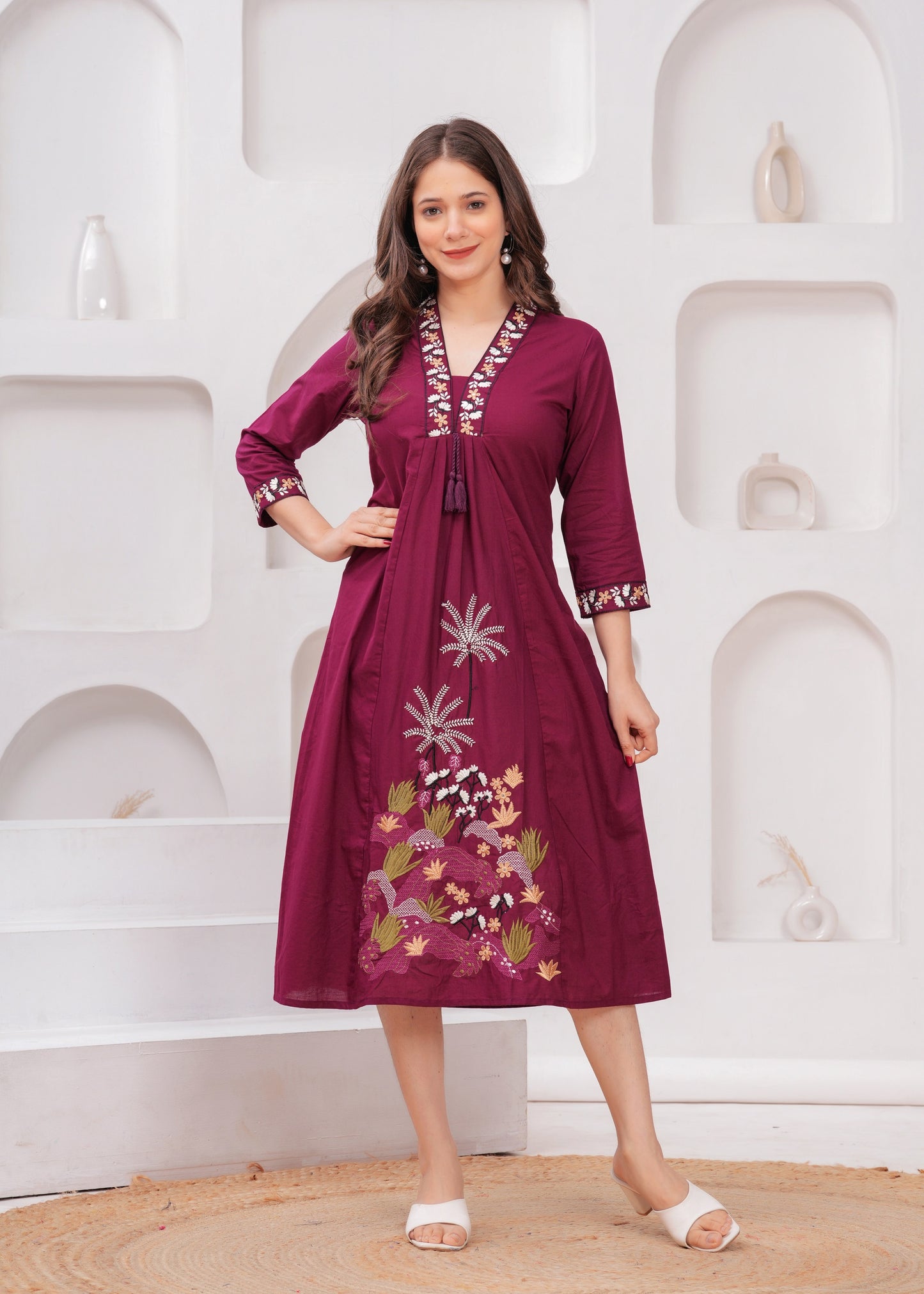 Elegant Maroon Embroidered A-Line Kurta