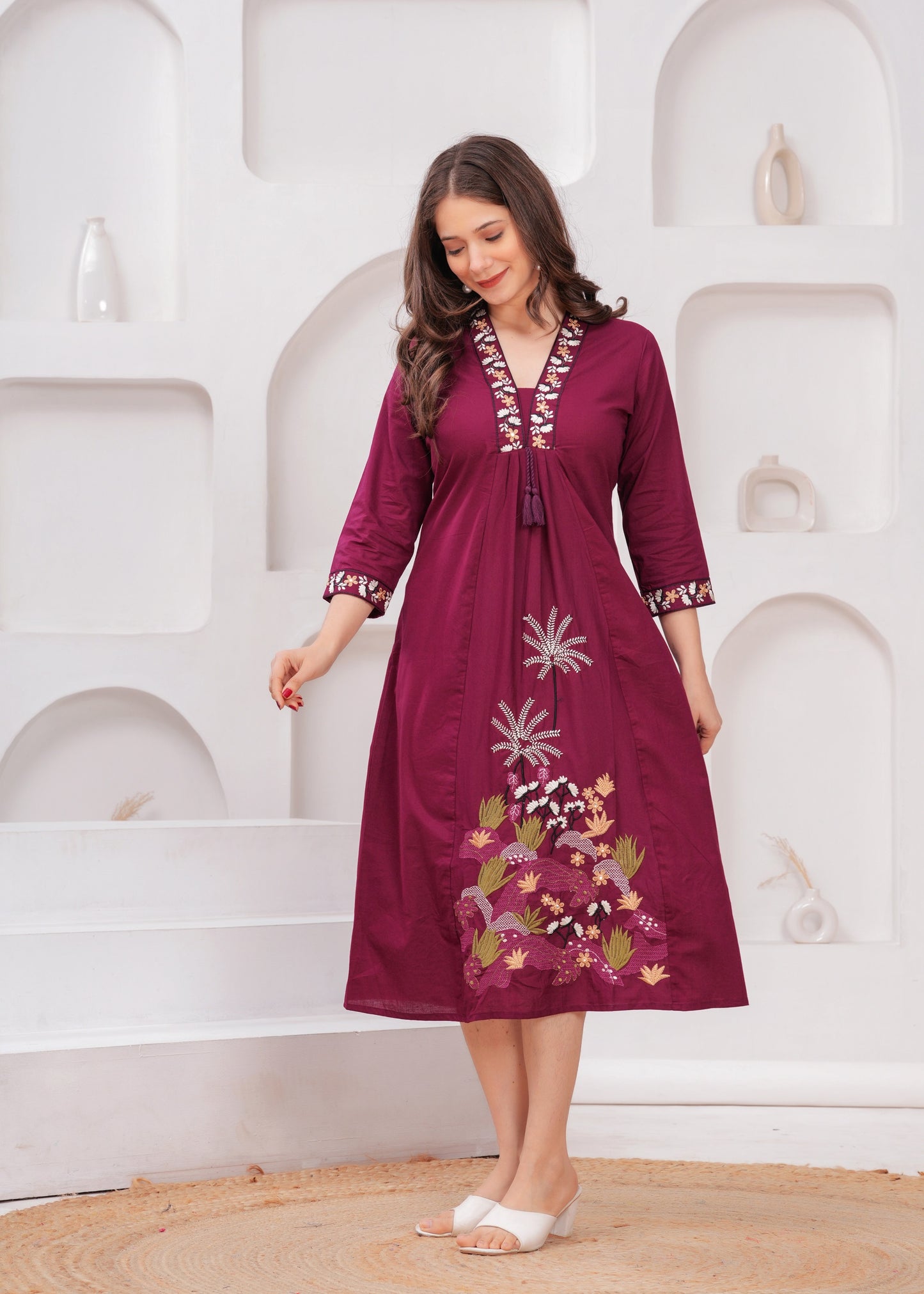 Elegant Maroon Embroidered A-Line Kurta