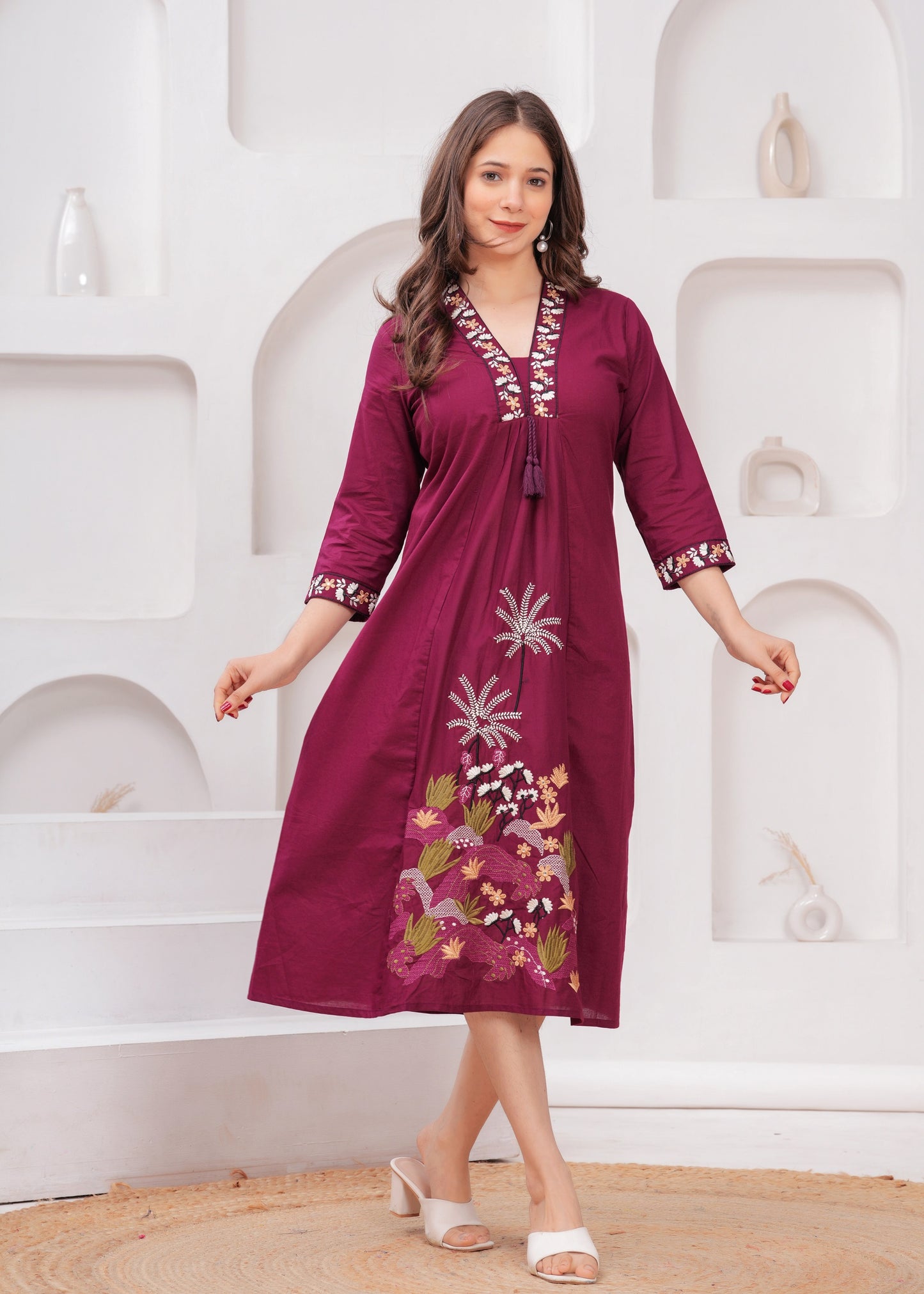 Elegant Maroon Embroidered A-Line Kurta