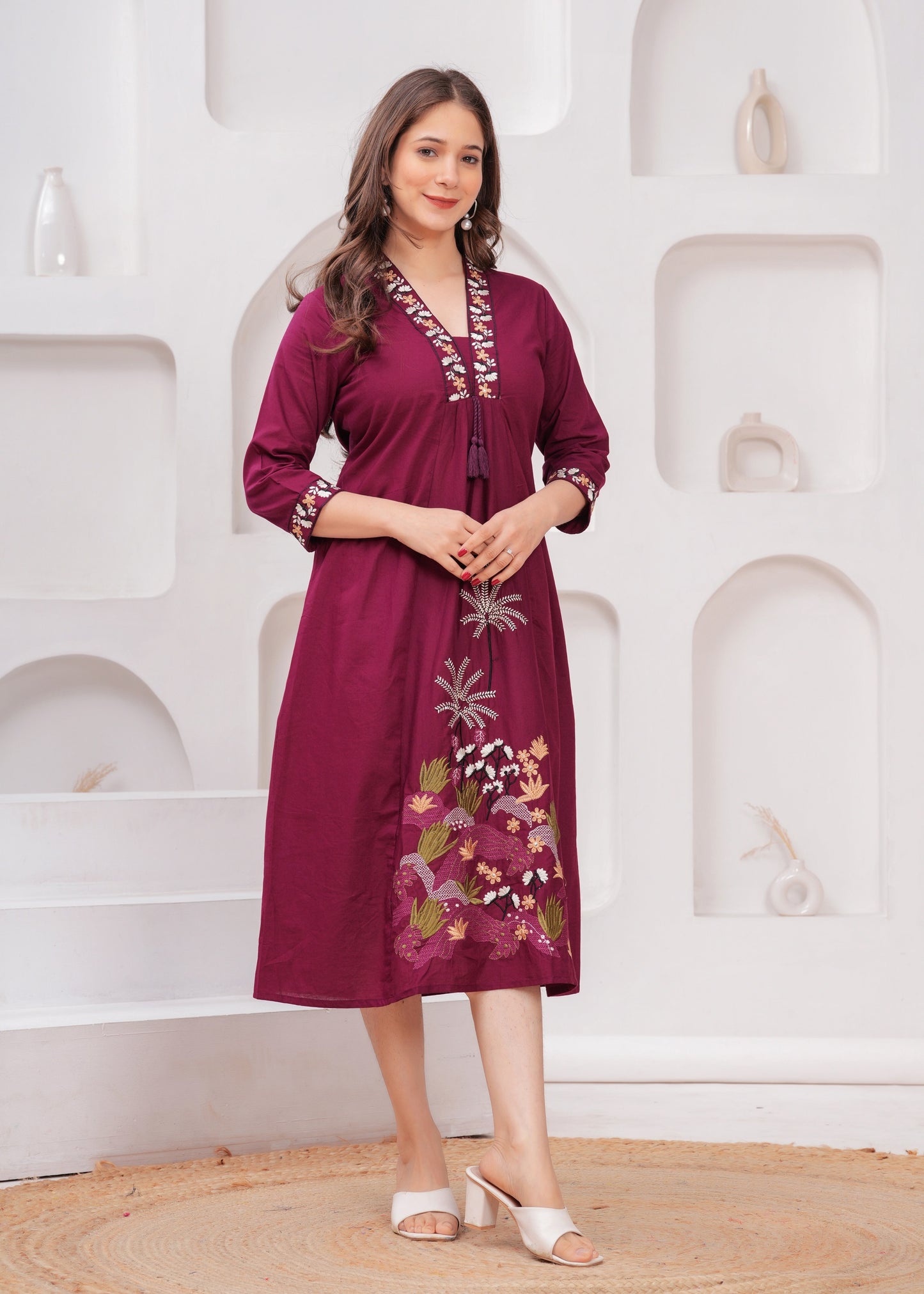 Elegant Maroon Embroidered A-Line Kurta