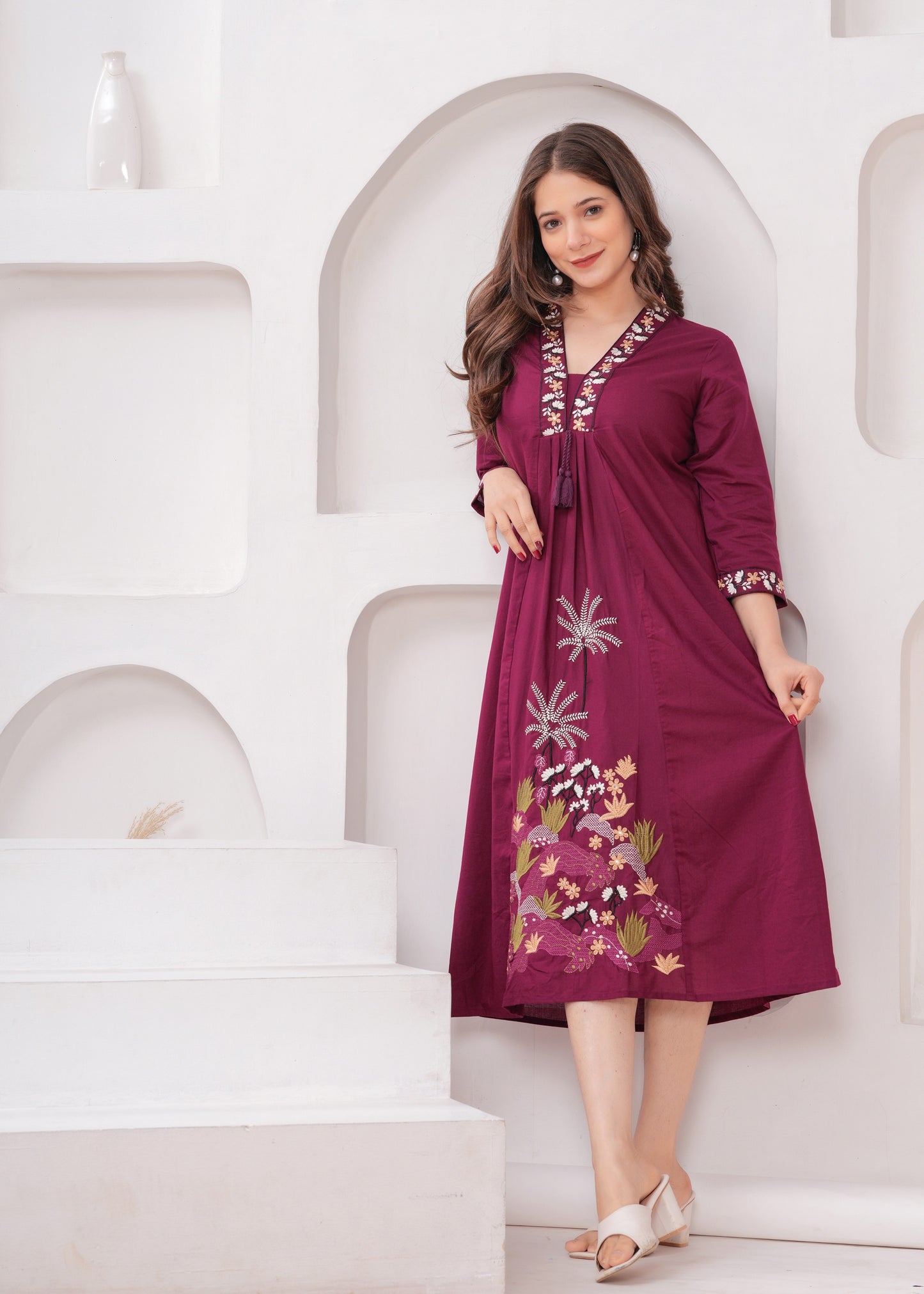 Elegant Maroon Embroidered A-Line Kurta