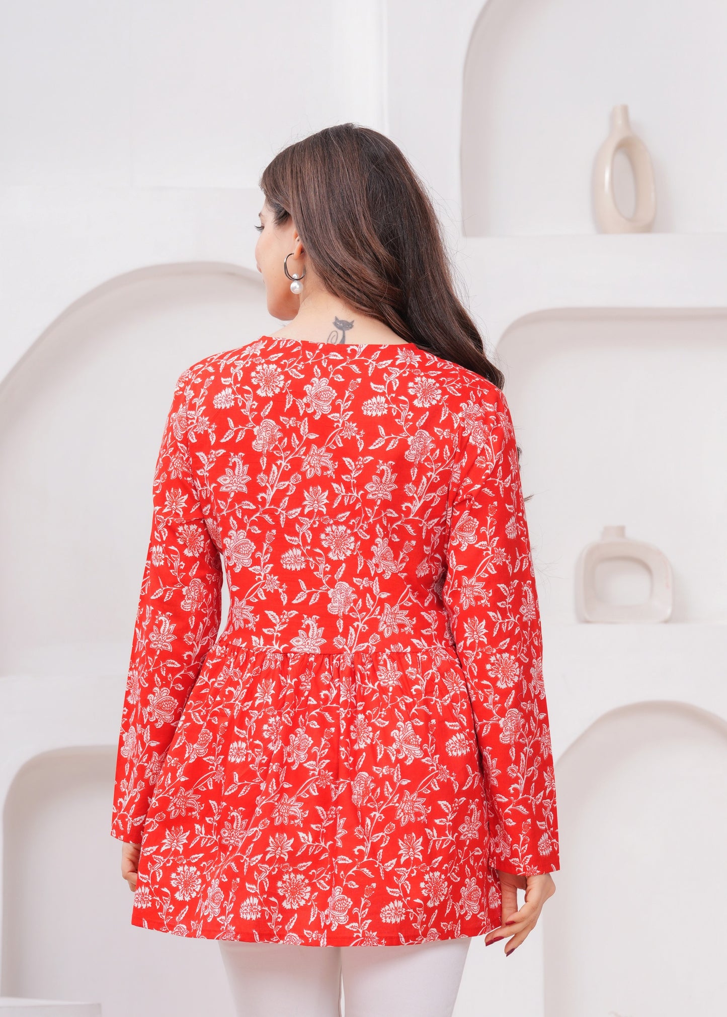 Bright Red Floral Printed full sleeves peplum top