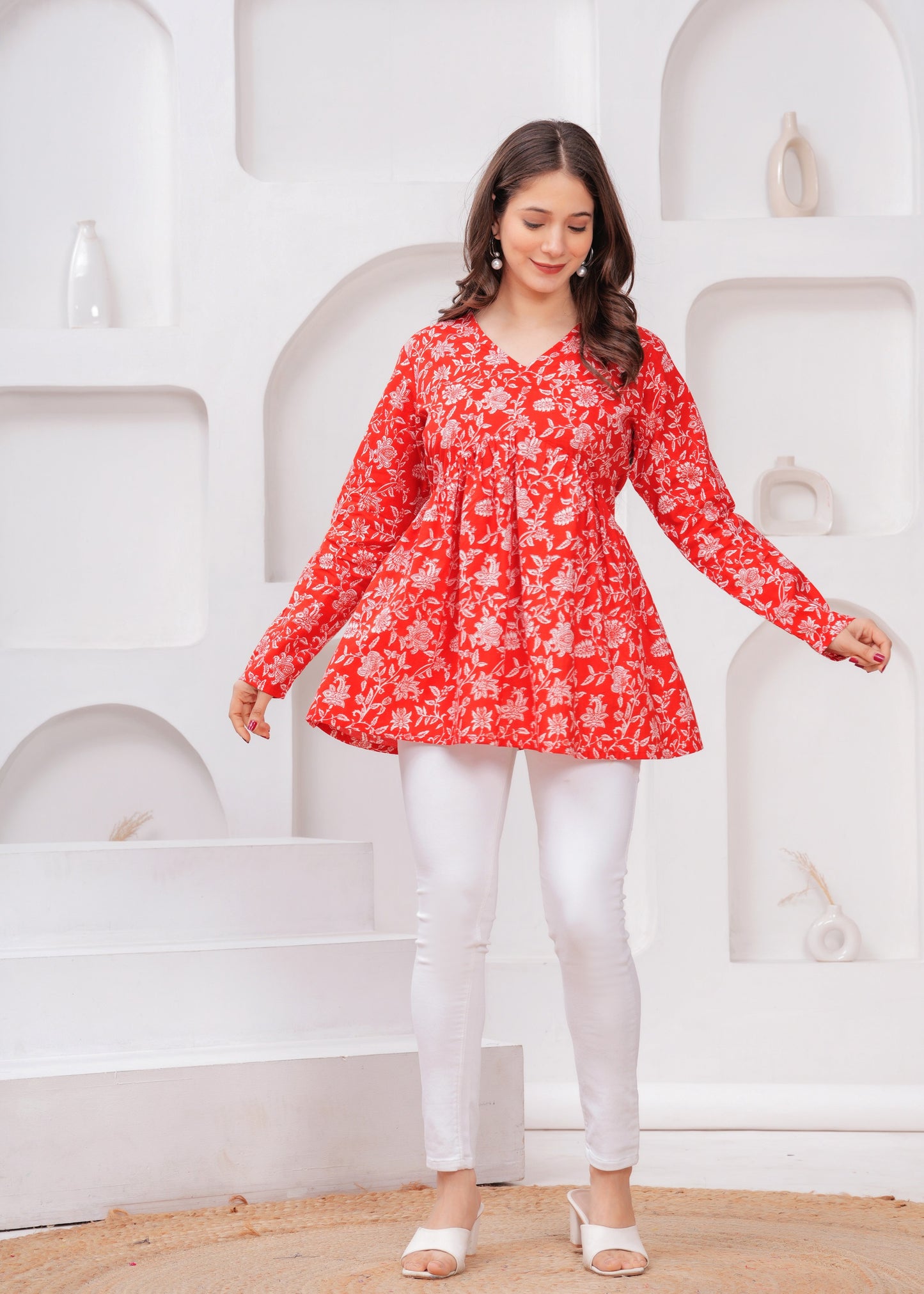 Bright Red Floral Printed full sleeves peplum top