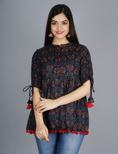 Women's Cotton Printed Casual Regular Wear Tops with Tasseles #T4