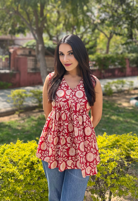 Red Sunflower Peplum Top