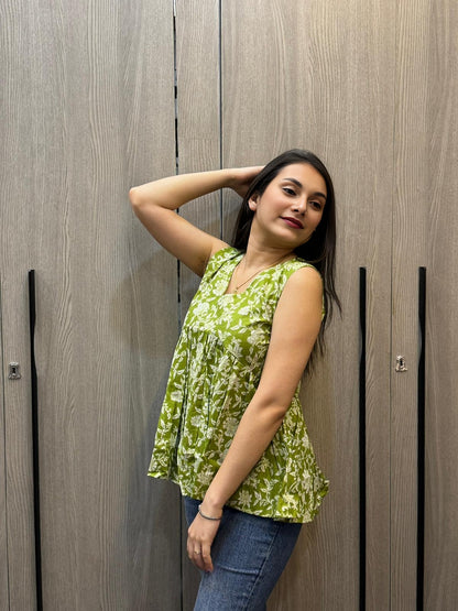 Green Sleeveless alia cut Top