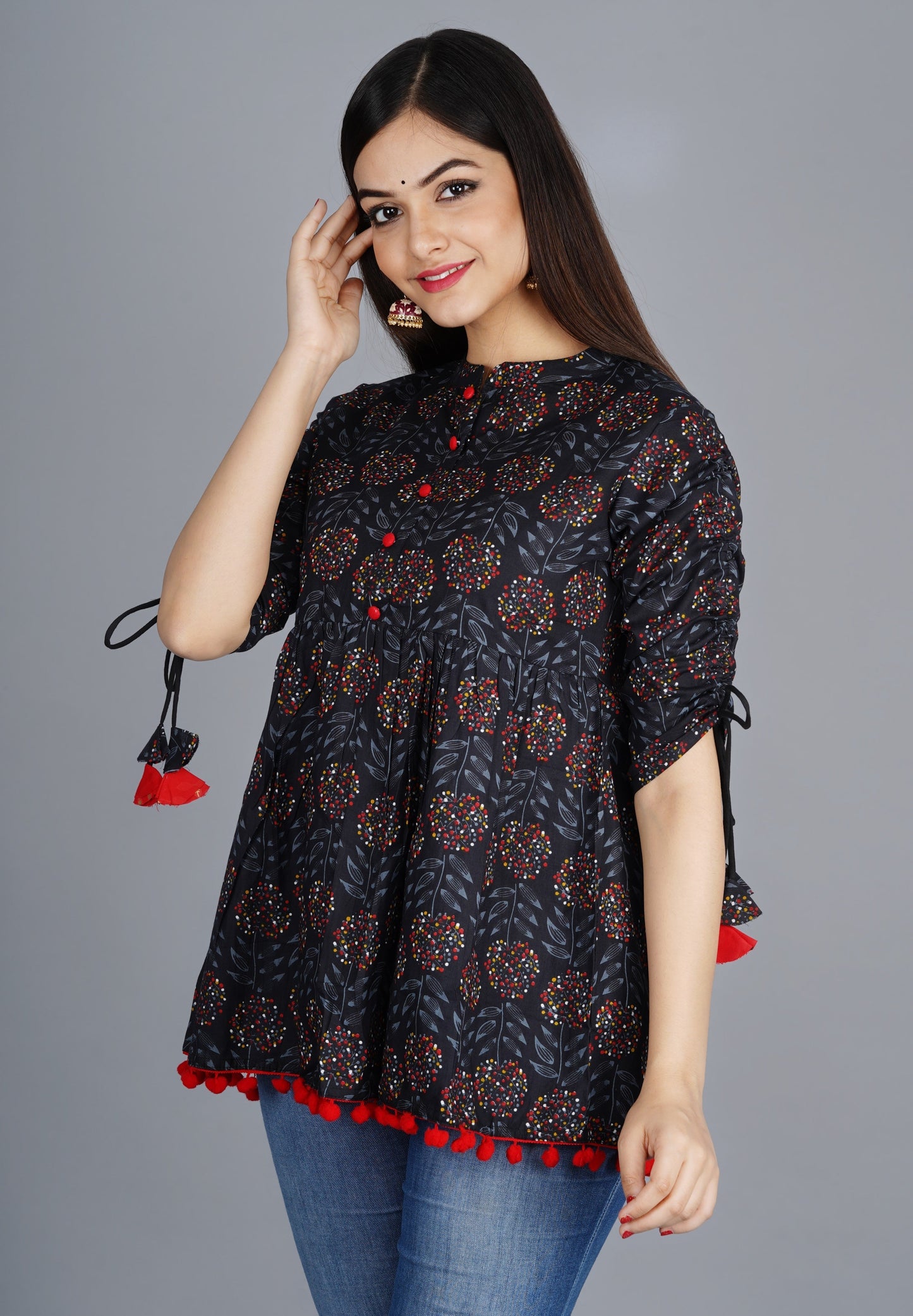 Women's Cotton Printed Casual Regular Wear Tops with Tasseles #T5