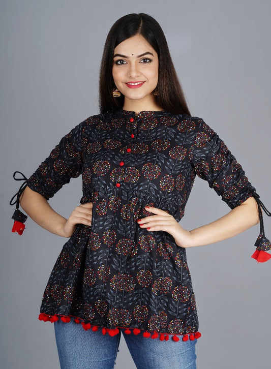 Women's Cotton Printed  Casual Regular Wear Tops with Tasseles -#T0