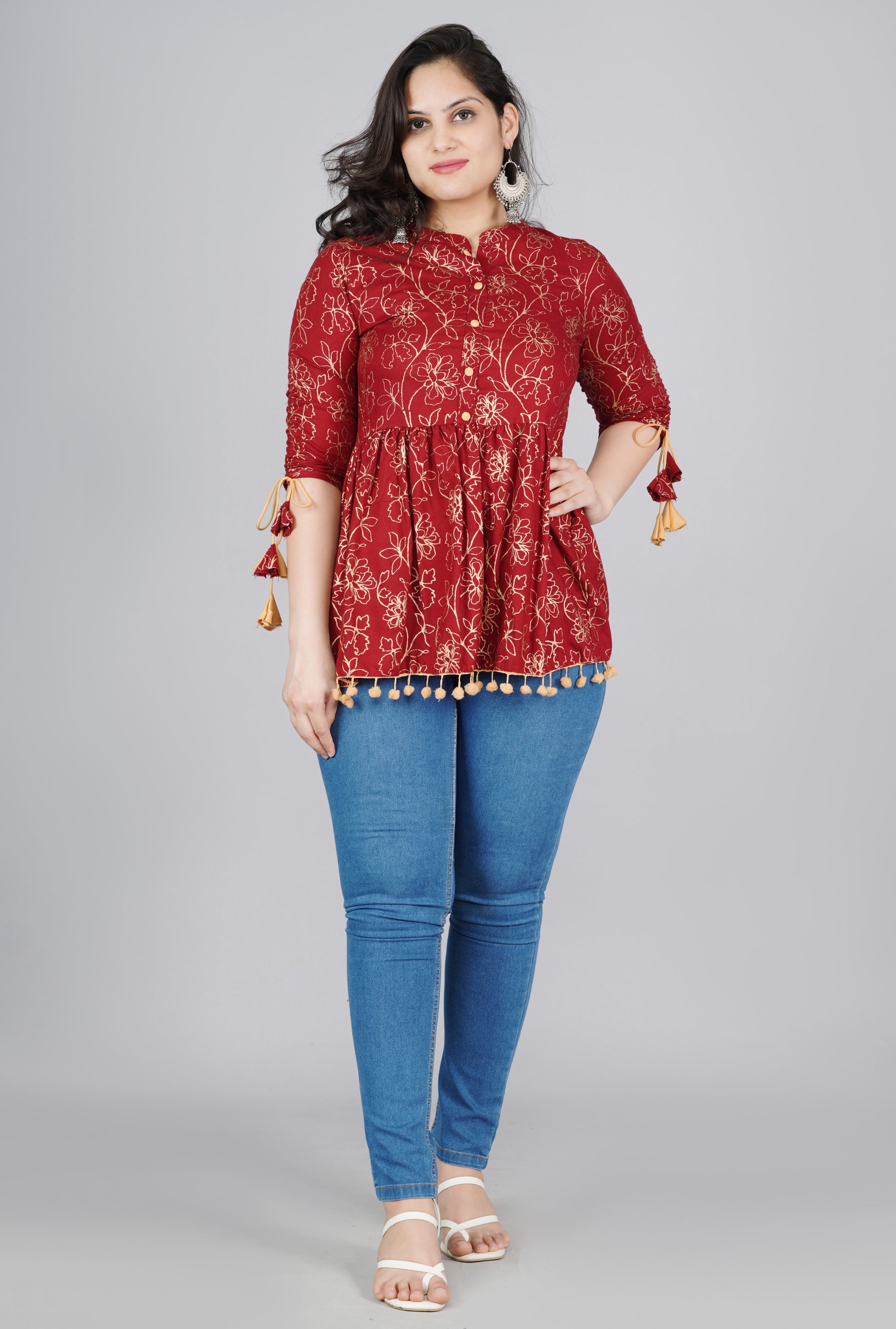 Rayon Maroon Printed Mandarin Collar Tunics Top