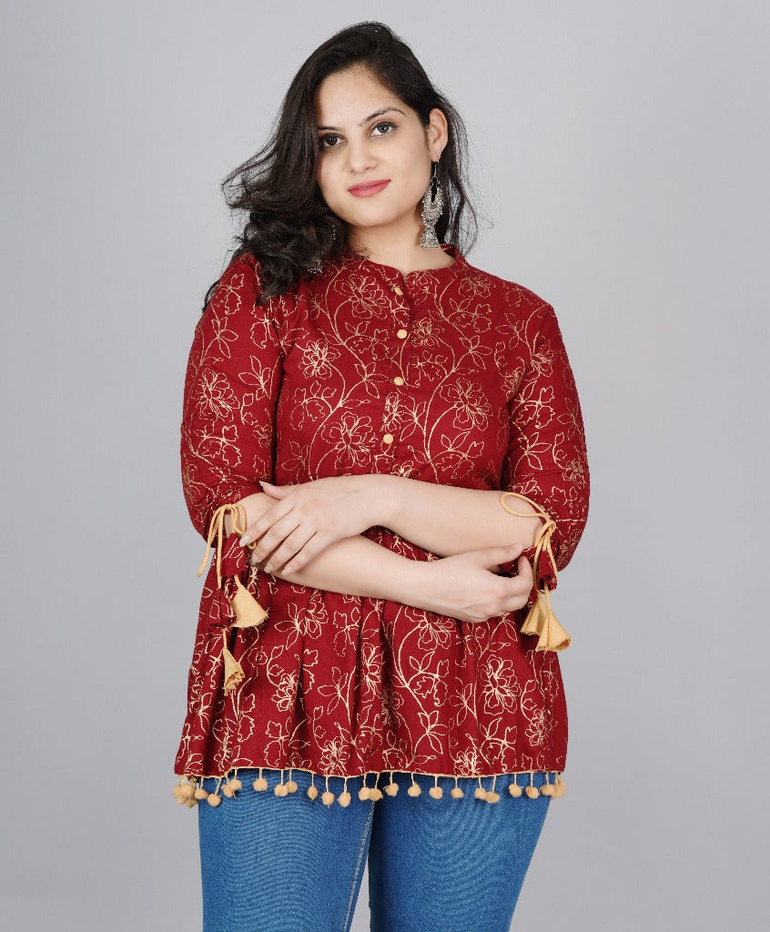 Rayon Maroon Printed Mandarin Collar Tunics Top