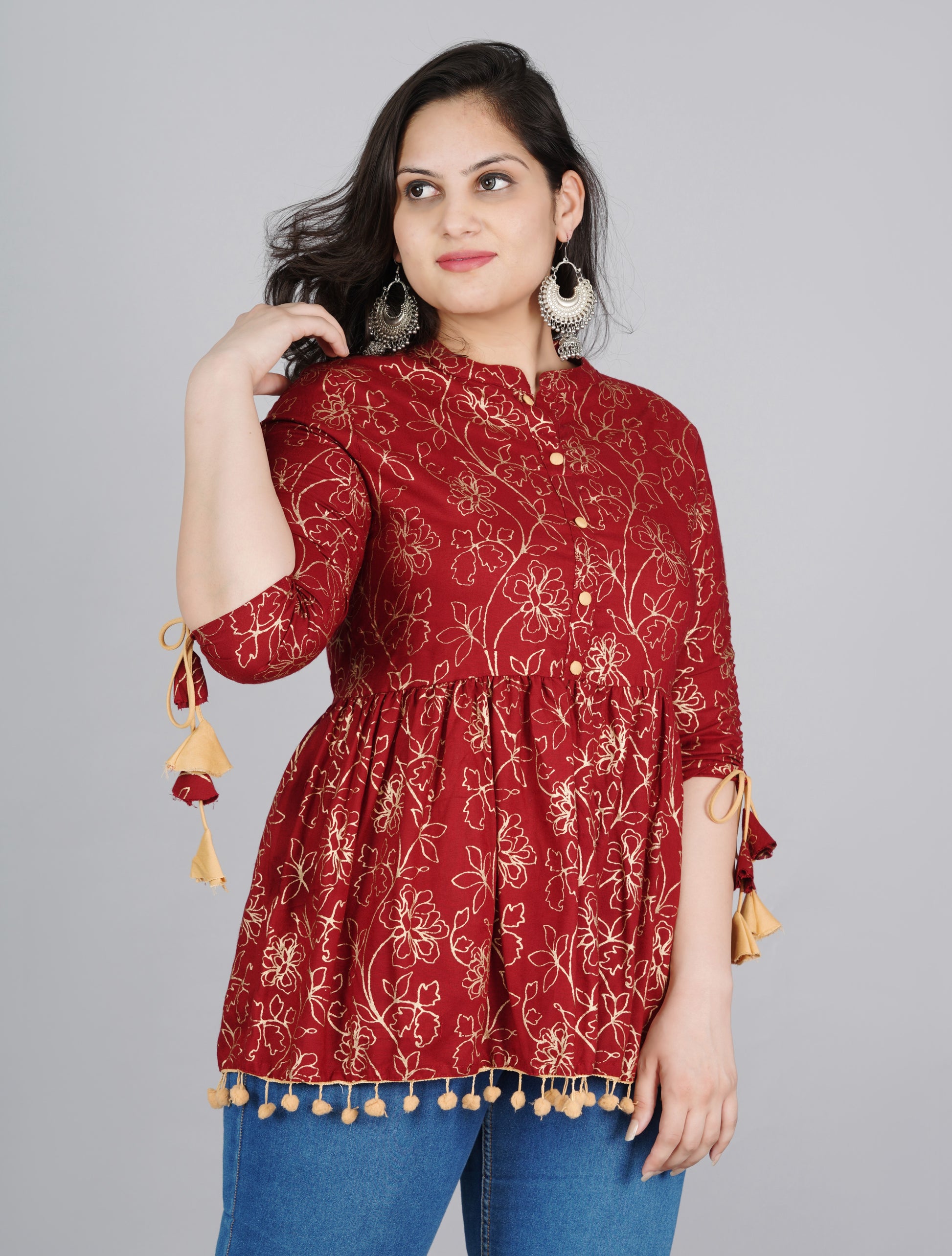 Rayon Maroon Printed Mandarin Collar Tunics Top