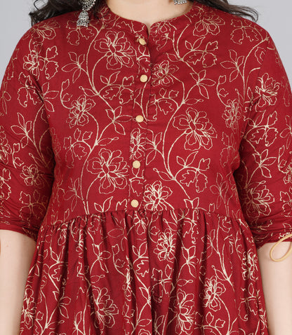 Rayon Maroon Printed Mandarin Collar Tunics Top