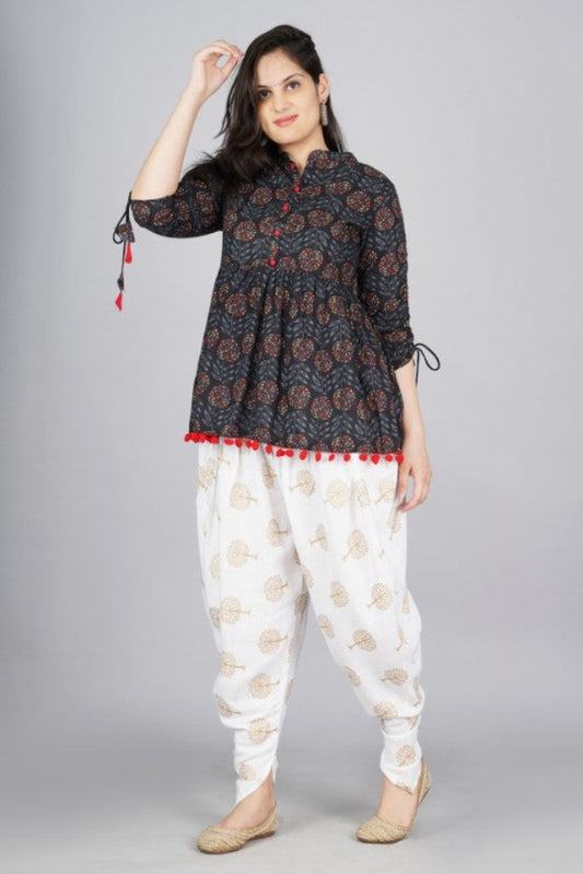 Black Mandarin Coller Ethnic Kurta and Dhoti Pant Set