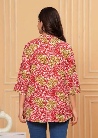 Red Floral Design Straight Tunic Top