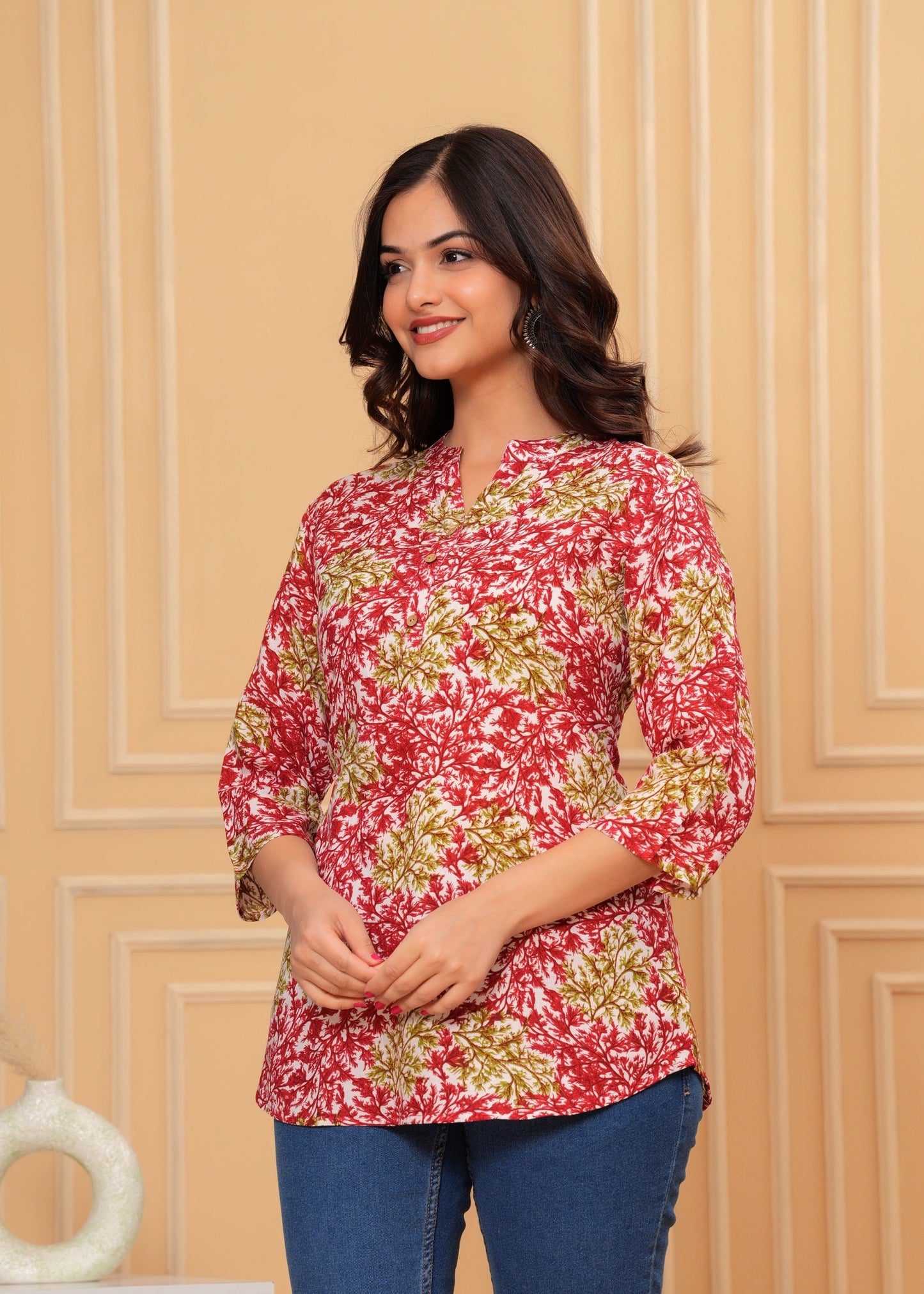 Red Floral Design Straight Tunic Top