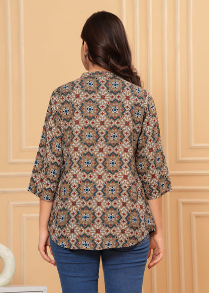 Brown Trendy Printed Straight Tunic Top