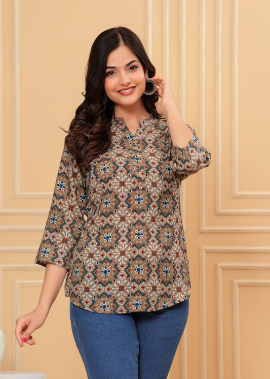 Brown Trendy Printed Straight Tunic Top