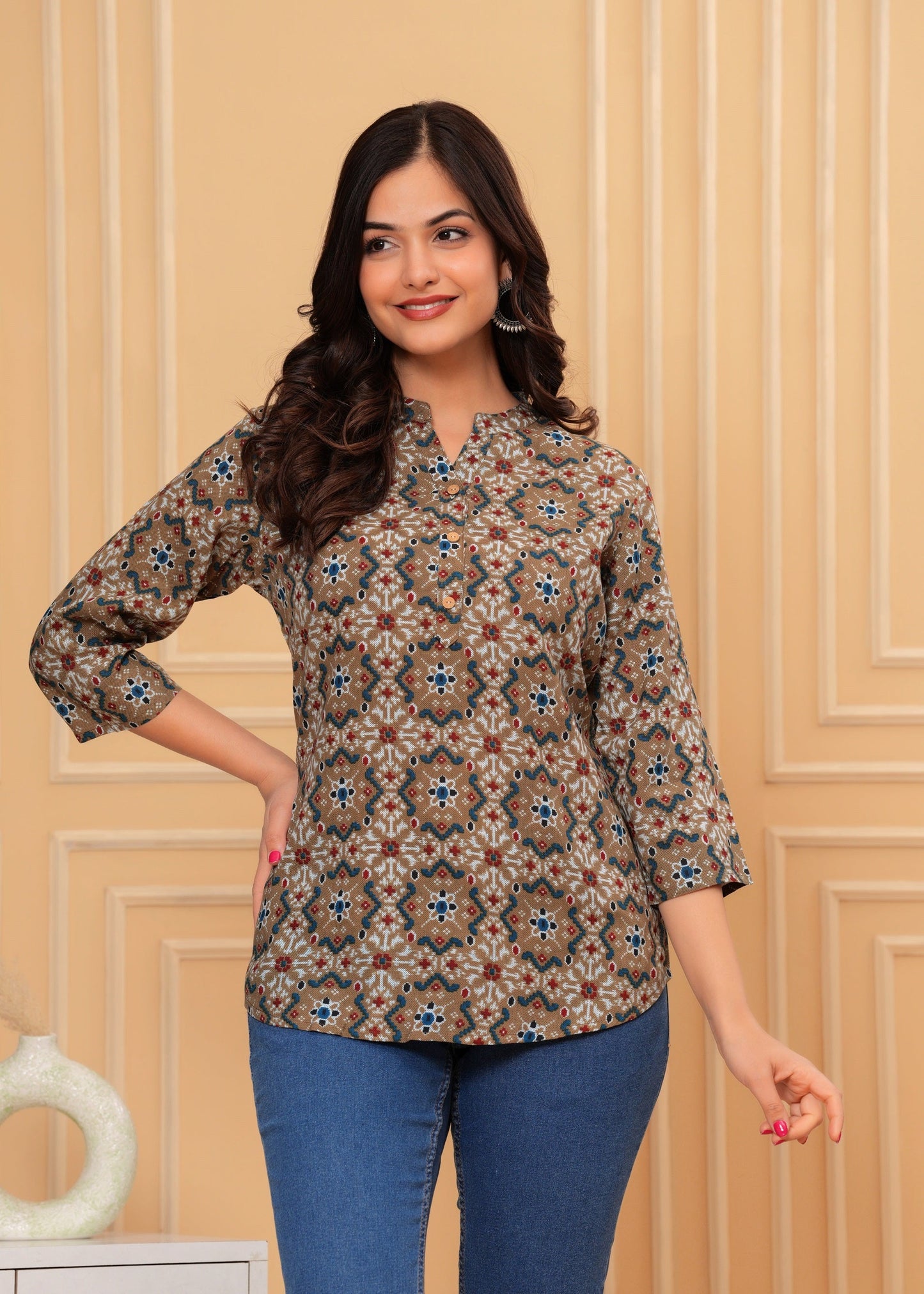 Brown Trendy Printed Straight Tunic Top