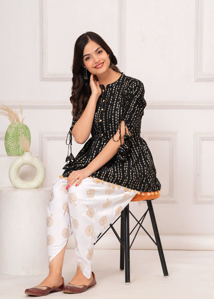 Cotton Ethnic Printed Kurta with tassels and Dhoti Pant Set #01