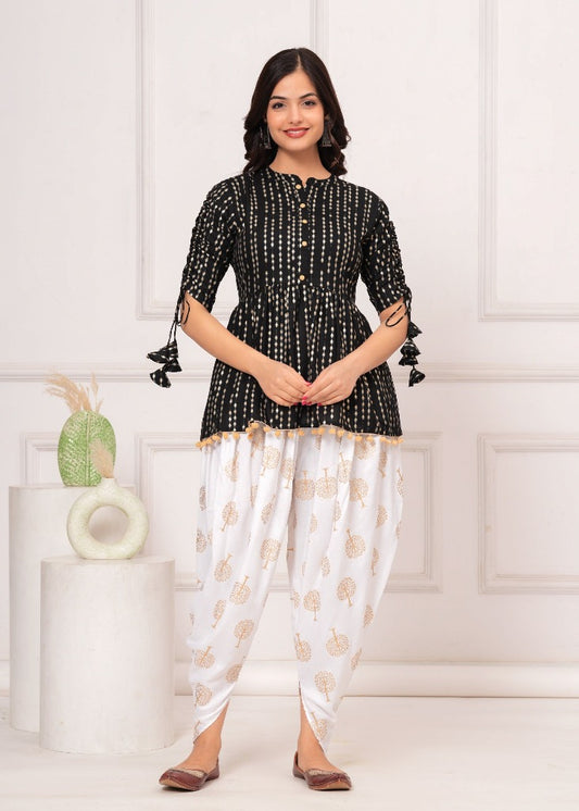 Cotton Ethnic Printed Kurta with tassels and Dhoti Pant Set #01