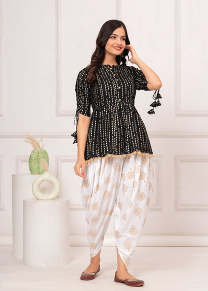 Cotton Ethnic Printed Kurta with tassels and Dhoti Pant Set #02