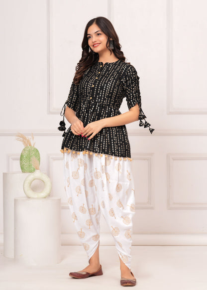 Cotton Ethnic Printed Kurta with tassels and Dhoti Pant Set #01