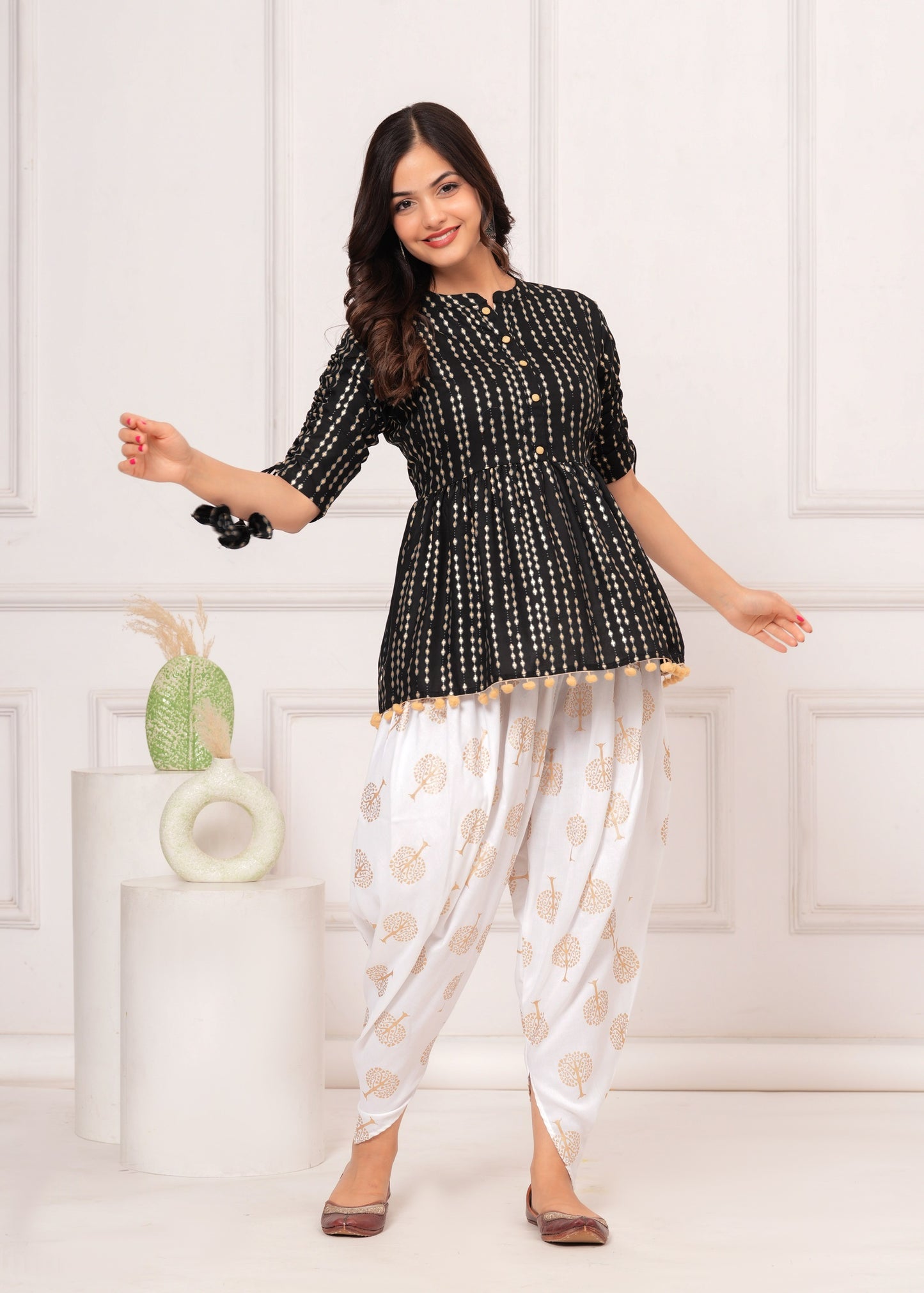 Cotton Ethnic Printed Kurta with tassels and Dhoti Pant Set #01