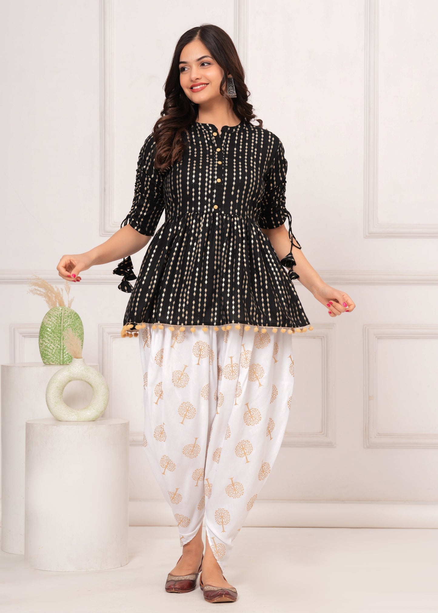 Cotton Ethnic Printed Kurta with tassels and Dhoti Pant Set #01