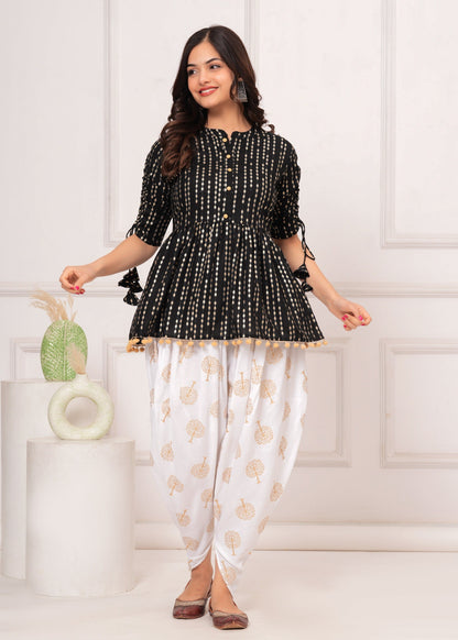 Cotton Ethnic Printed Kurta with tassels and Dhoti Pant Set #02