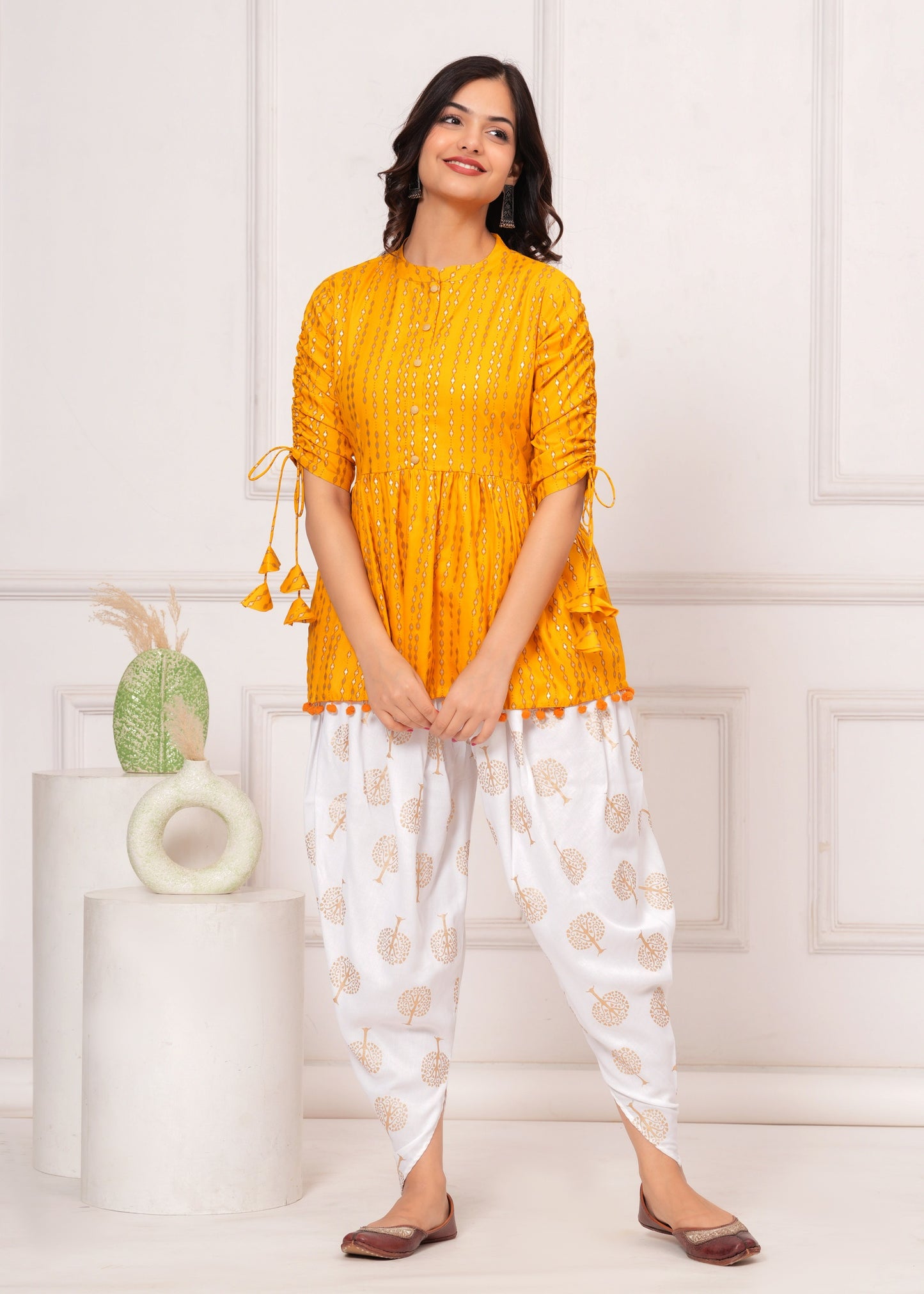 Cotton Ethnic Printed Kurta with tassels and Dhoti Pant Set #01