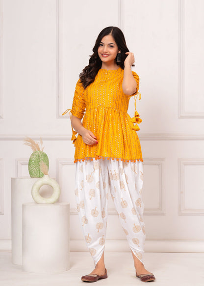 Cotton Ethnic Printed Kurta with tassels and Dhoti Pant Set #02