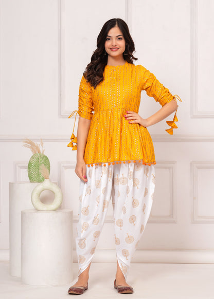 Cotton Ethnic Printed Kurta with tassels and Dhoti Pant Set #01