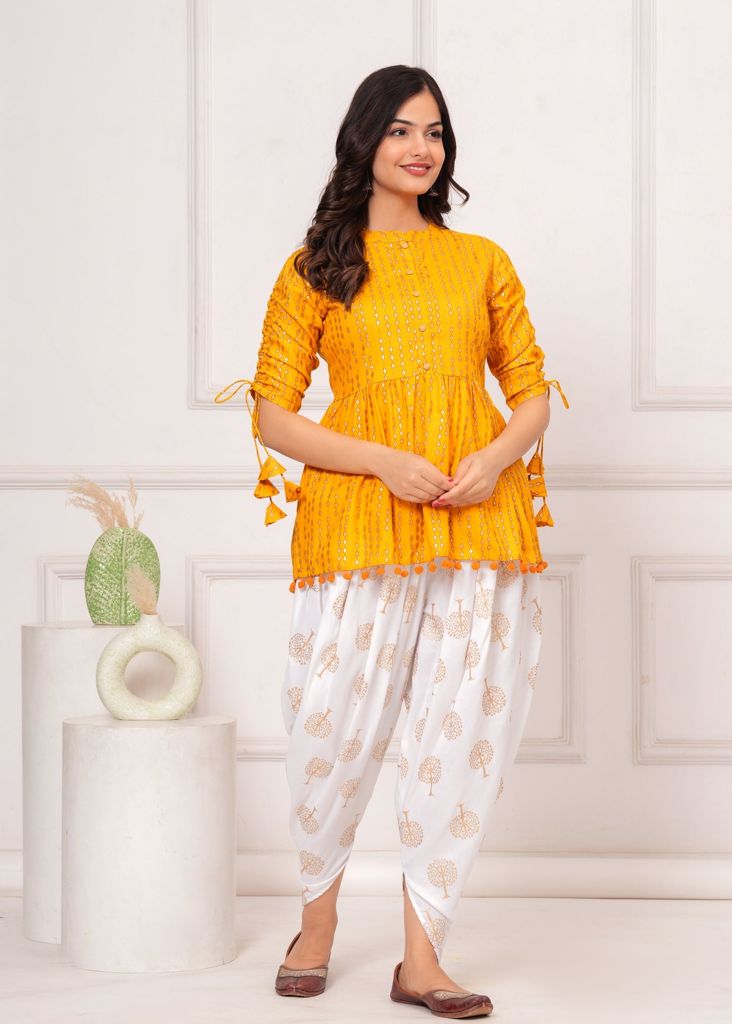 Cotton Ethnic Printed Kurta with tassels and Dhoti Pant Set #01