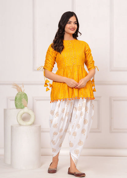 Cotton Ethnic Printed Kurta with tassels and Dhoti Pant Set #02