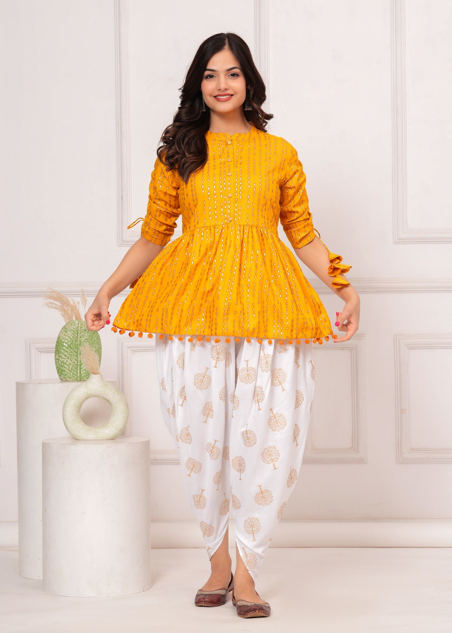 Cotton Ethnic Printed Kurta with tassels and Dhoti Pant Set #01