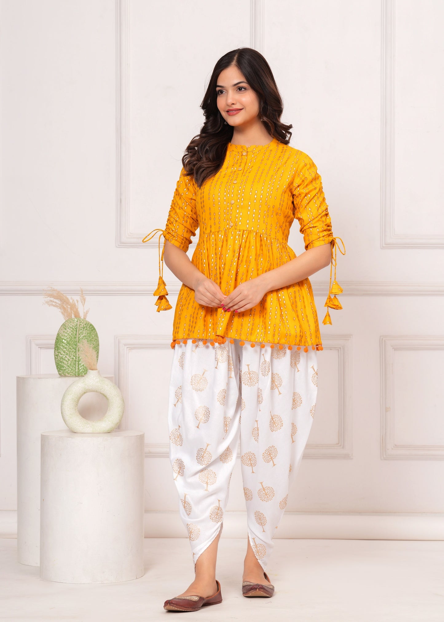 Cotton Ethnic Printed Kurta with tassels and Dhoti Pant Set #01