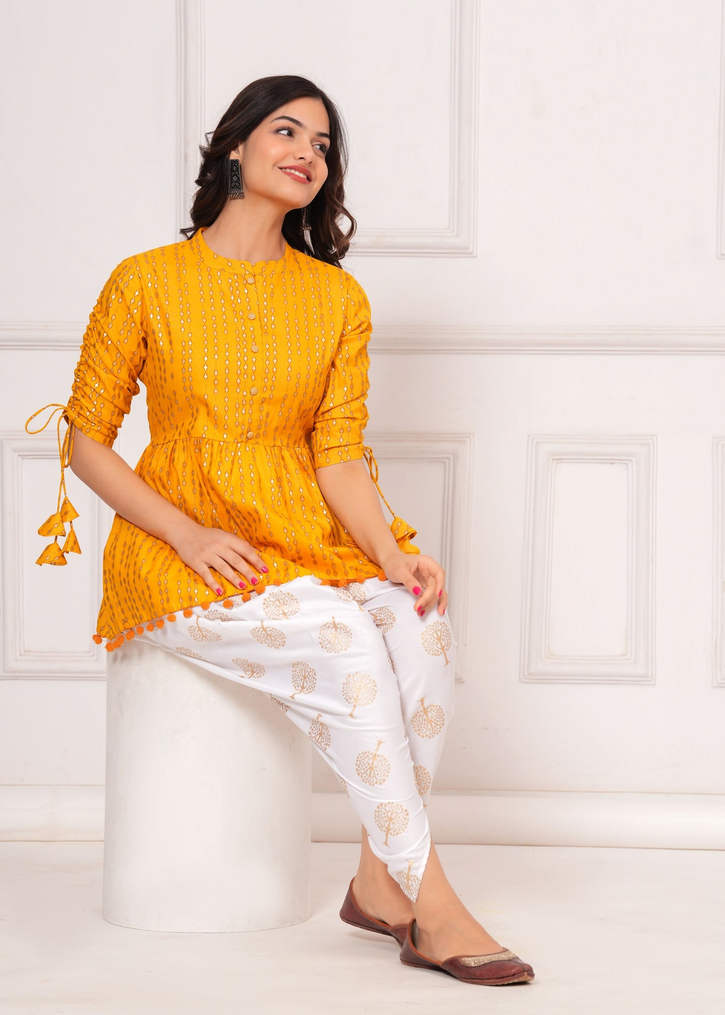 Cotton Ethnic Printed Kurta with tassels and Dhoti Pant Set #01