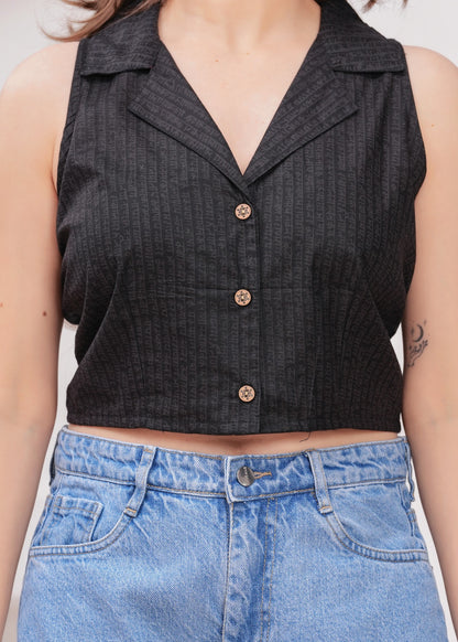 Black Sleeveless Collared Crop Top