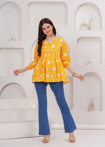 Yellow Cotton V-neck Top