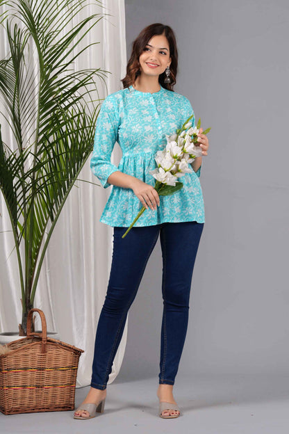 Pure Cotton Floral Printed Peplum Top #PT11