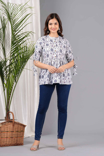 Pure Cotton Floral Printed White Peplum Top