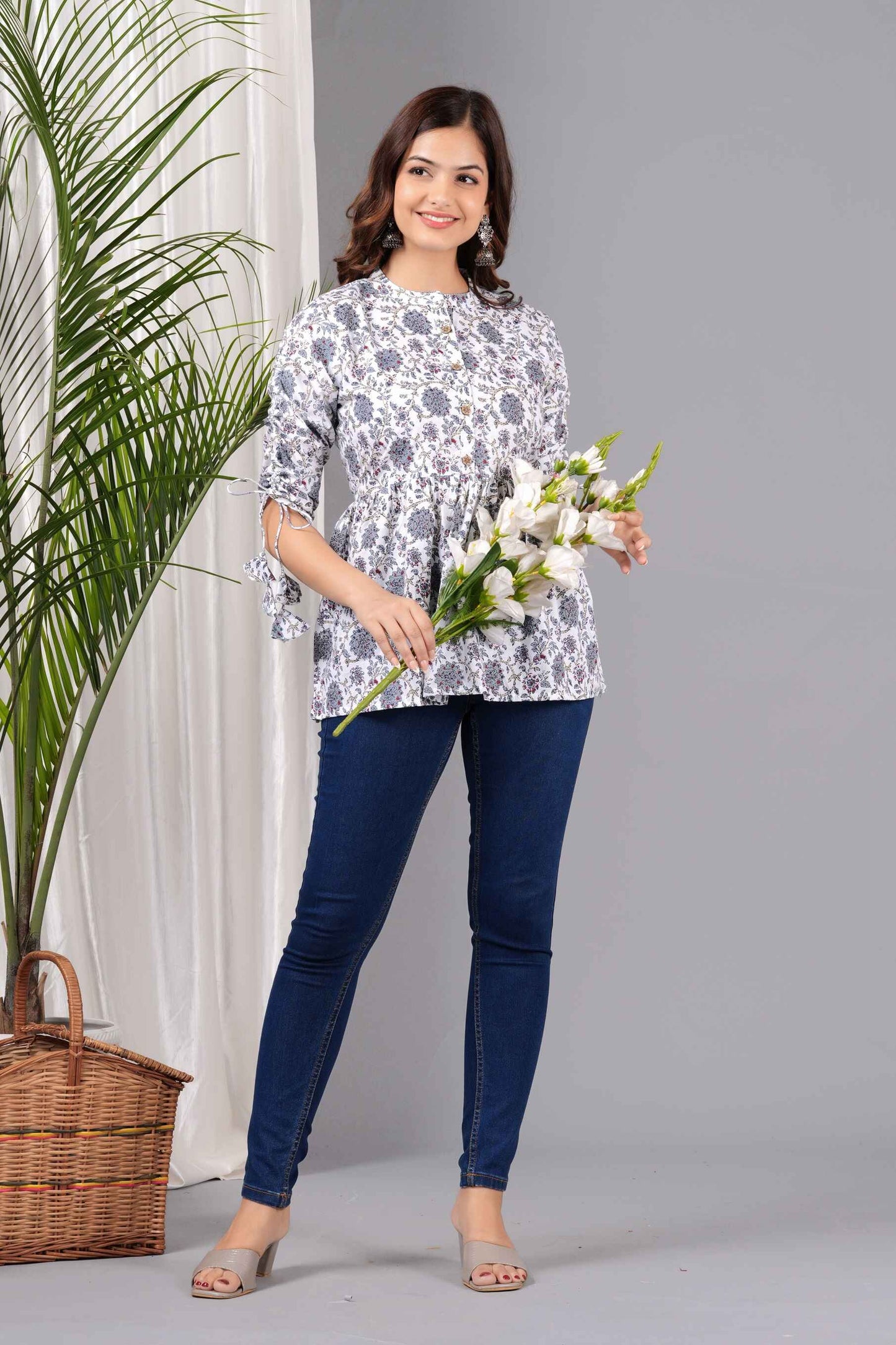 Pure Cotton Floral Printed White Peplum Top