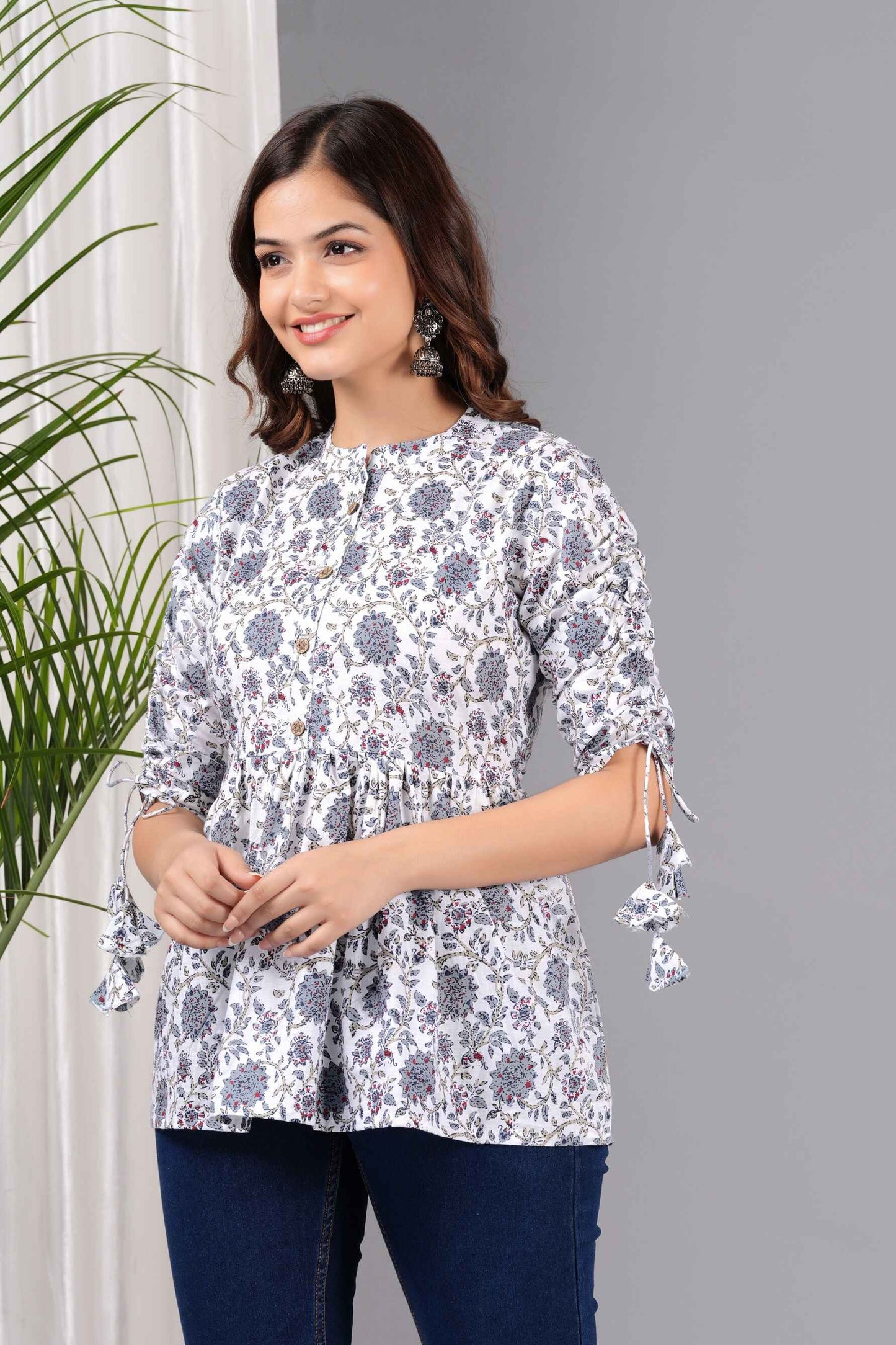 Pure Cotton Floral Printed White Peplum Top