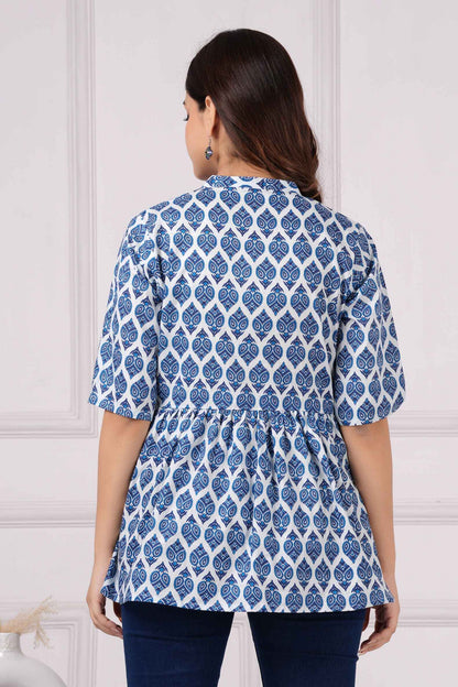 Pure Cotton Printed Blue Peplum Top