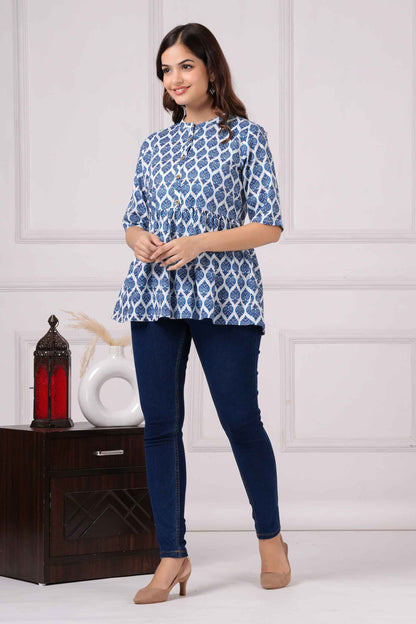 Pure Cotton Printed Blue Peplum Top