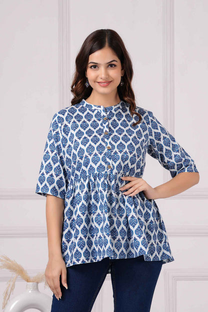 Pure Cotton Printed Blue Peplum Top