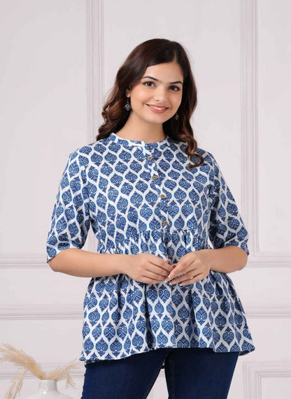 Pure Cotton Printed Blue Peplum Top