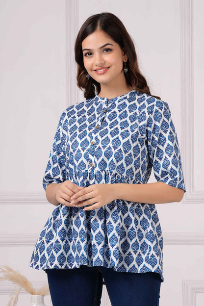 Pure Cotton Printed Blue Peplum Top