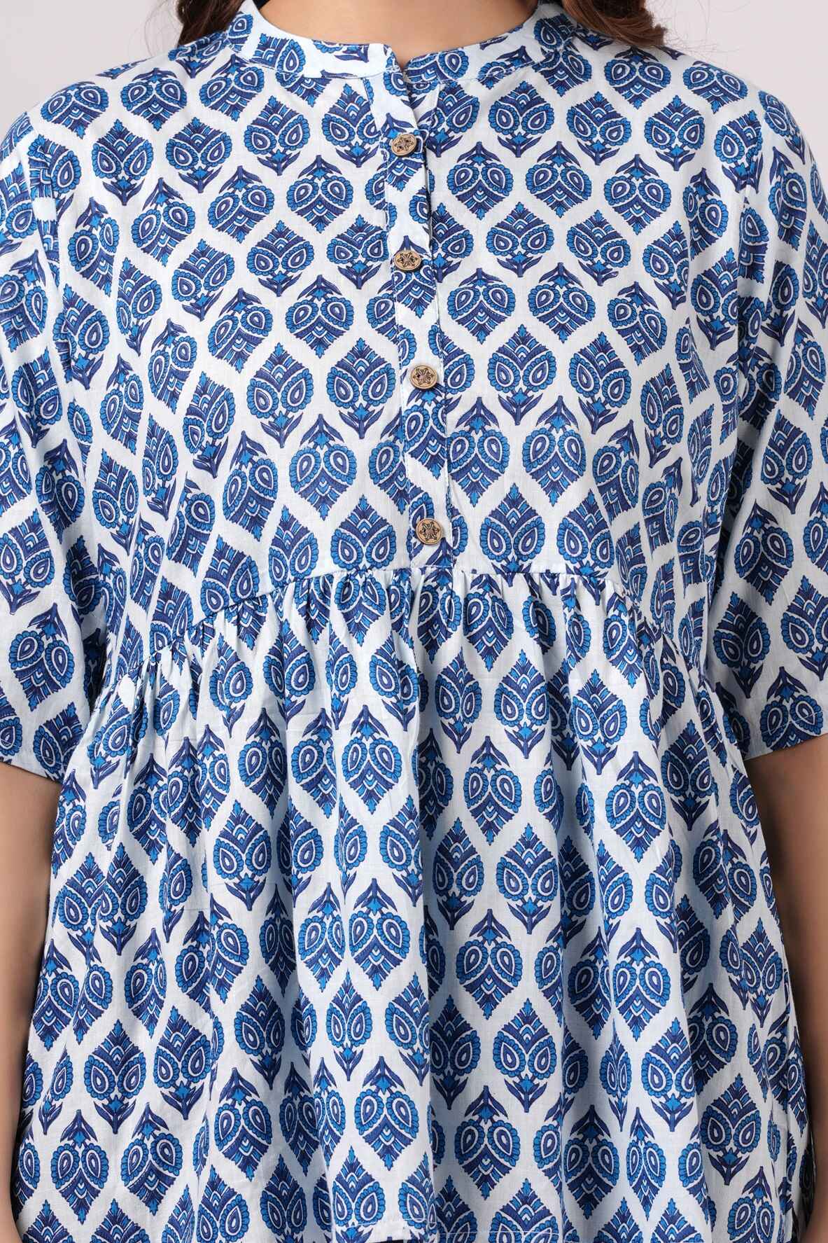 Pure Cotton Printed Blue Peplum Top